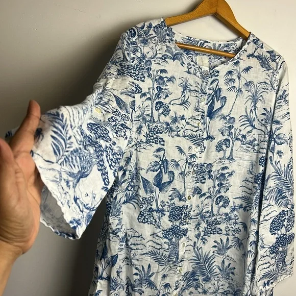 Joie Tunic Top Blouse Size 2X 100% Linen Long 3/4 Sleeve Novelty Print Natural - Picture 3 of 10